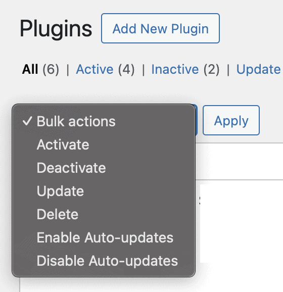 WordPress plugins screen with bulk deactivation controls